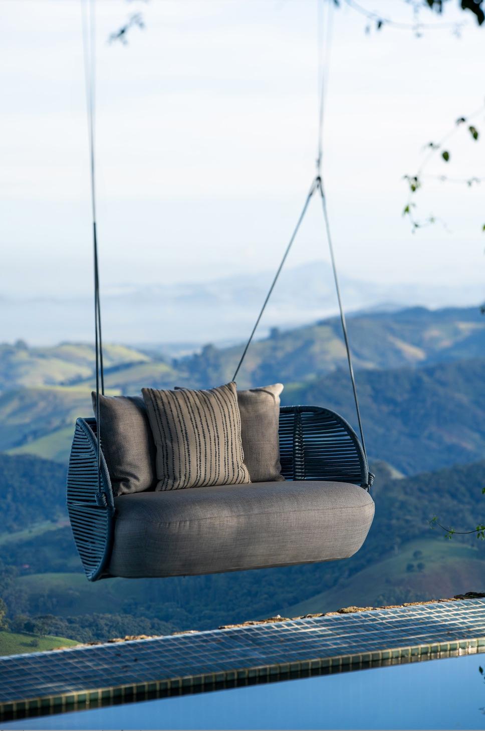 Perlage Outdoor Aluminum Swing Upholstered in Bouclé with Nautical Rope Details