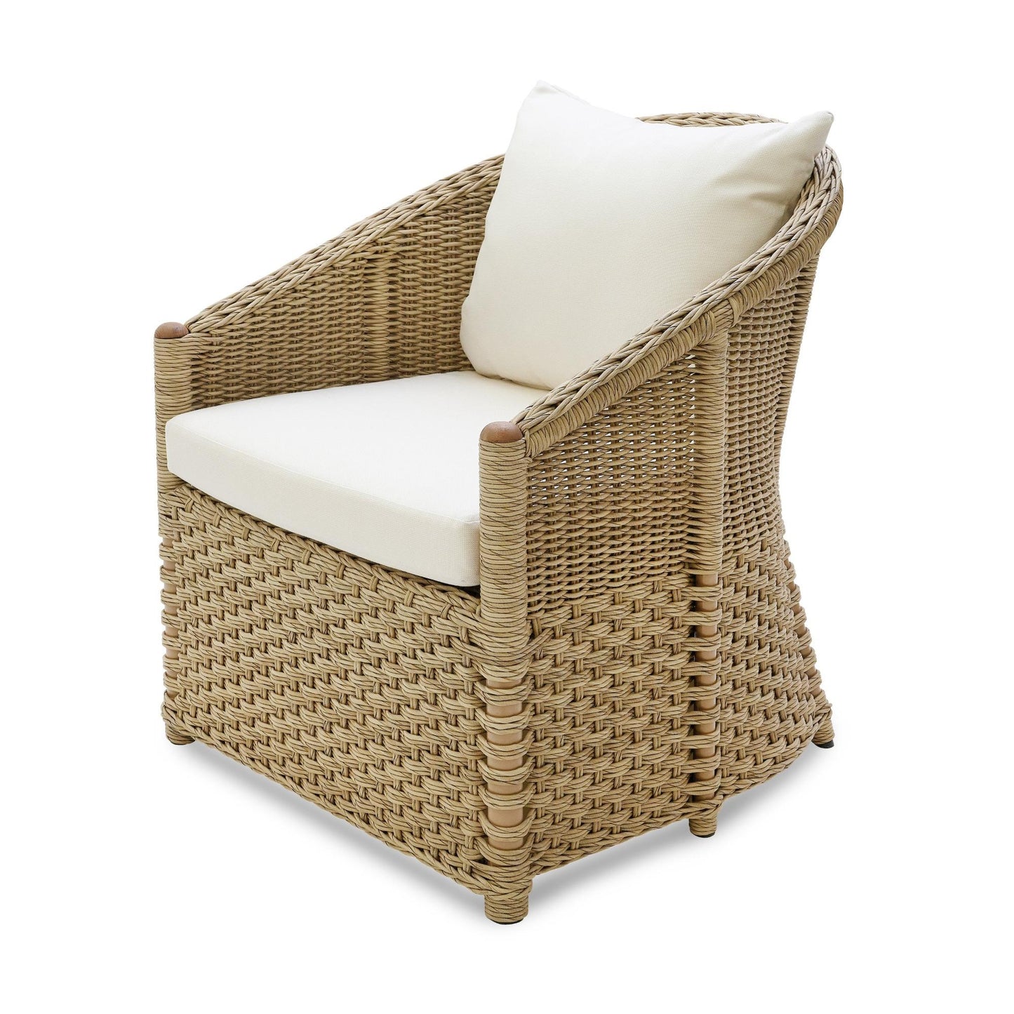 Wicker armchair with white cushions on a white background