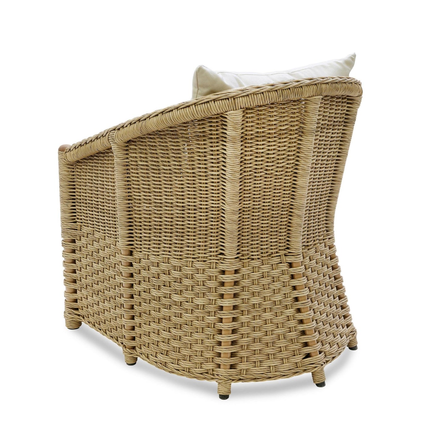 Wicker chair with a white cushion on a white background