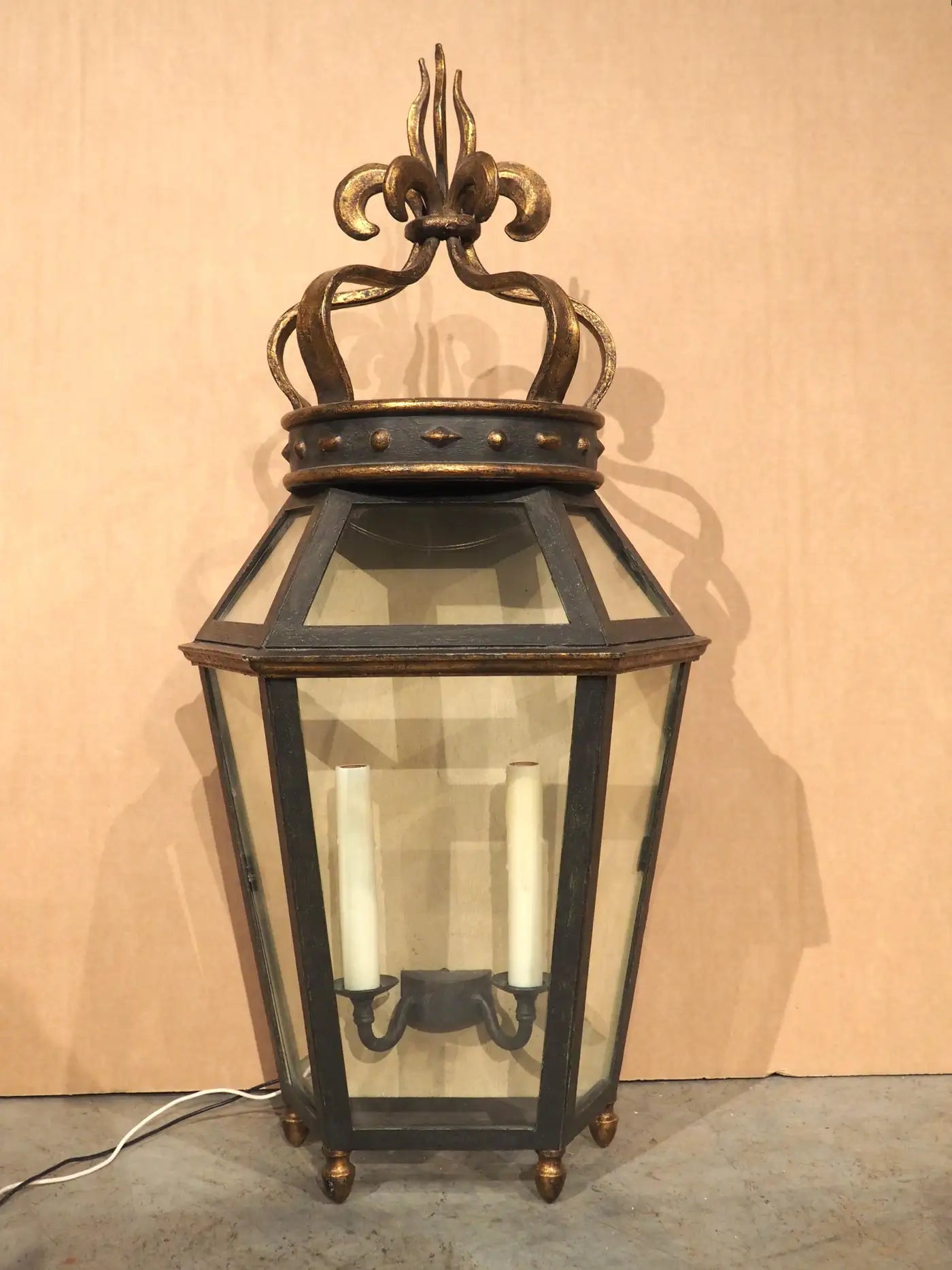 Wrought Iron and Glass Wall Lantern with Crown Finial