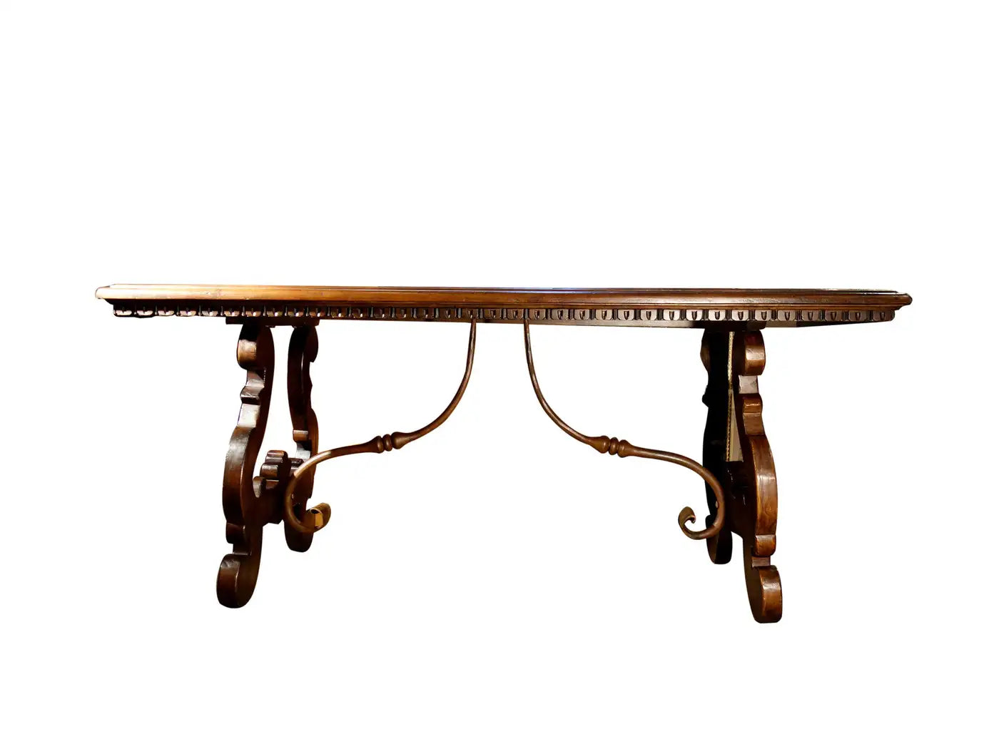 17th Century Style Solid Italian Walnut Refectory Writing Table with Dentil Edge & Lyre Base