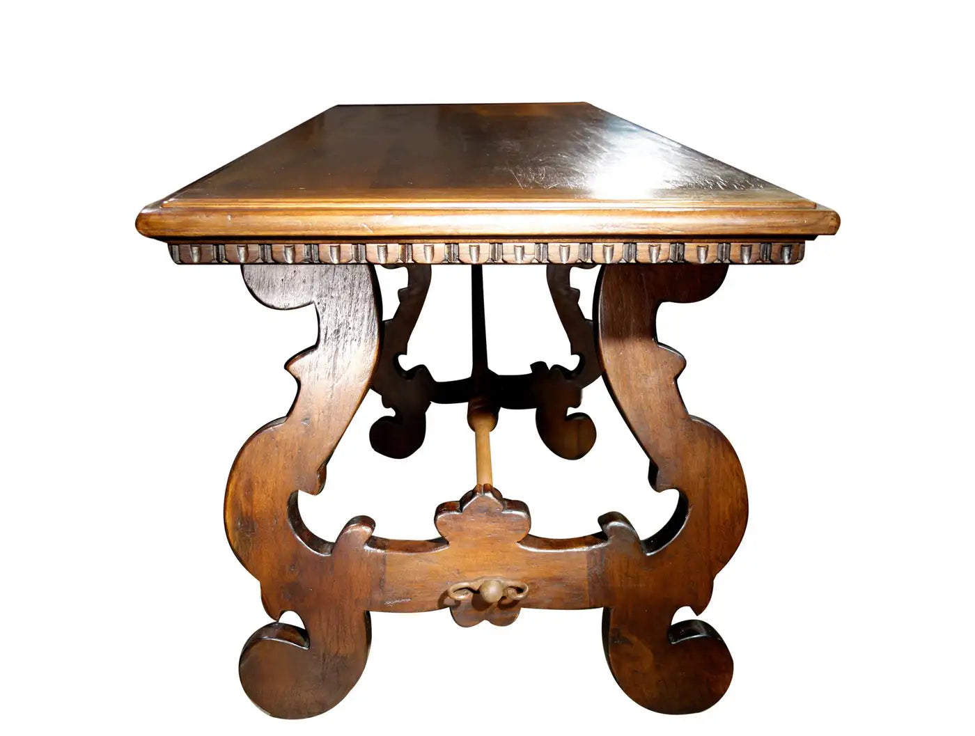 17th Century Style Solid Italian Walnut Refectory Writing Table with Dentil Edge & Lyre Base
