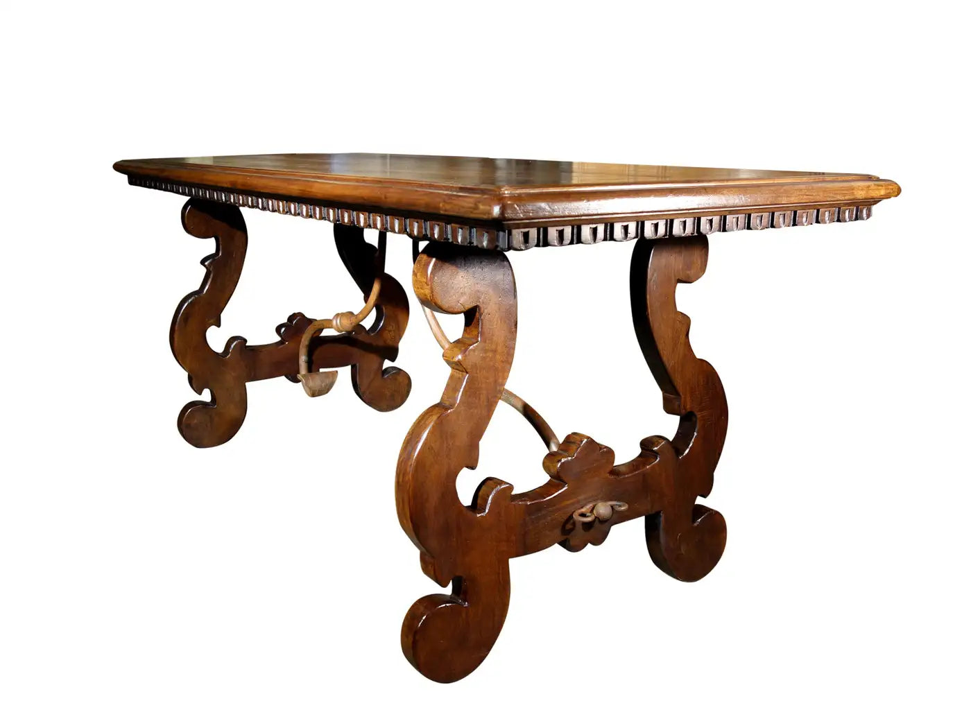 17th Century Style Solid Italian Walnut Refectory Writing Table with Dentil Edge & Lyre Base