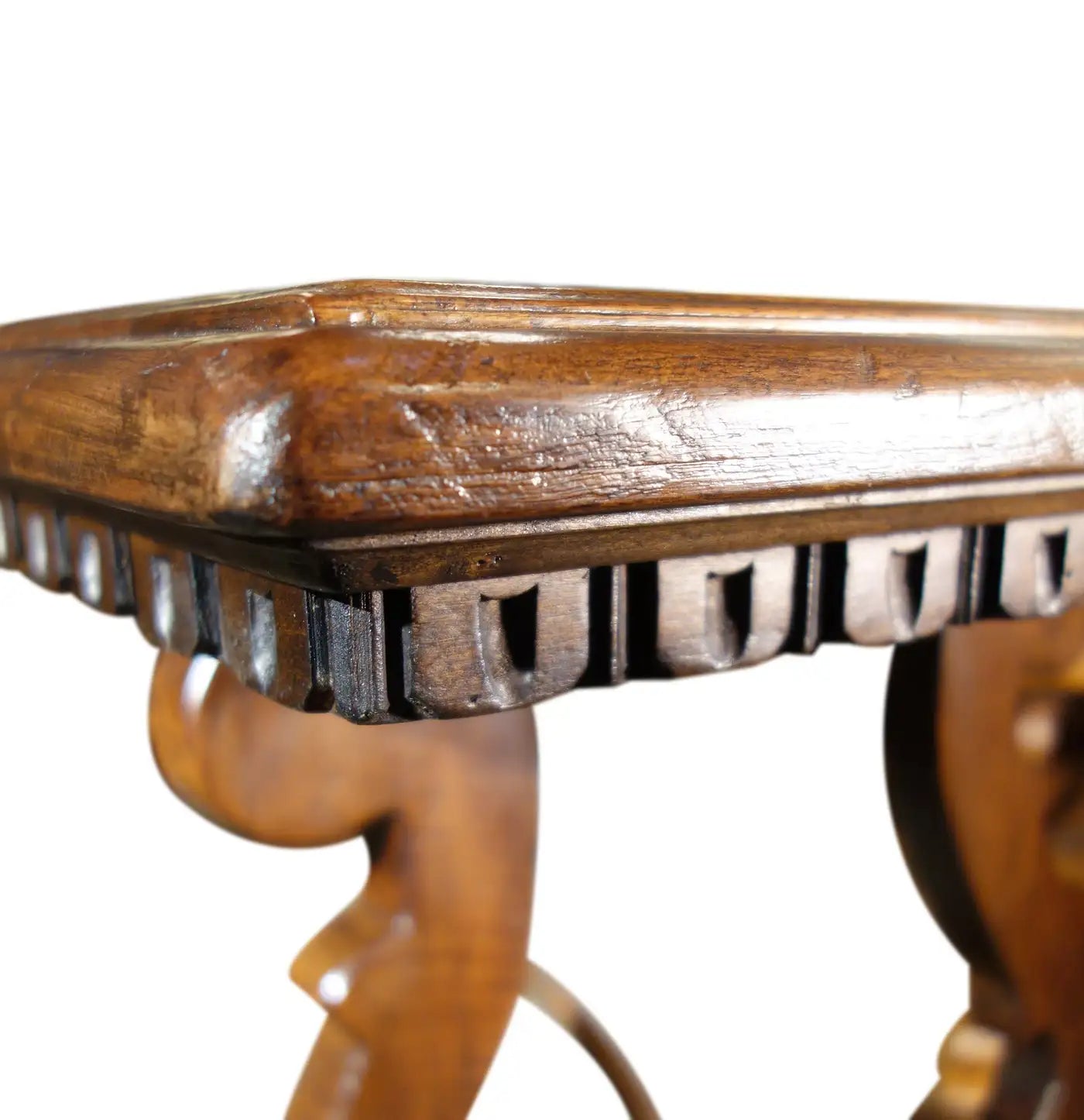 17th Century Style Solid Italian Walnut Refectory Writing Table with Dentil Edge & Lyre Base