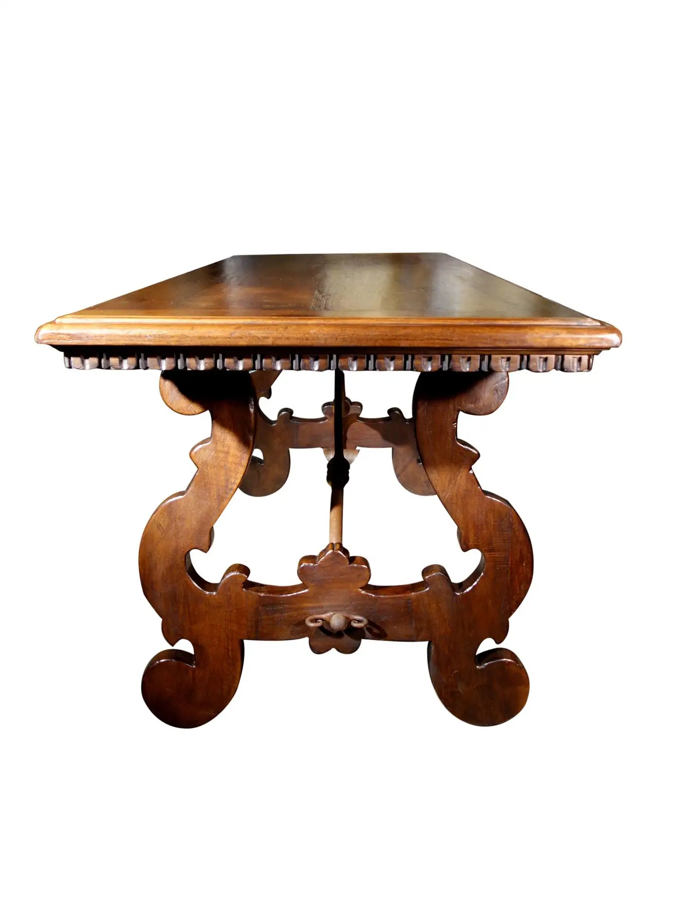 17th Century Style Solid Italian Walnut Refectory Writing Table with Dentil Edge & Lyre Base