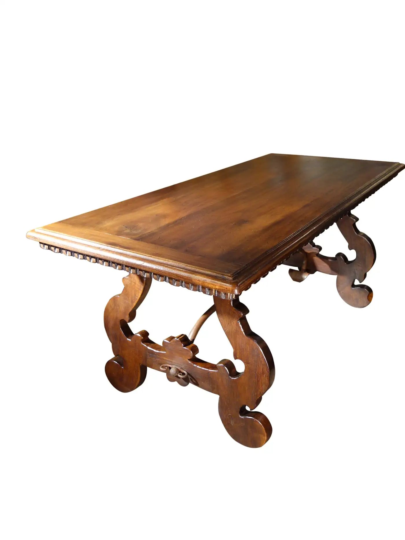 17th Century Style Solid Italian Walnut Refectory Writing Table with Dentil Edge & Lyre Base
