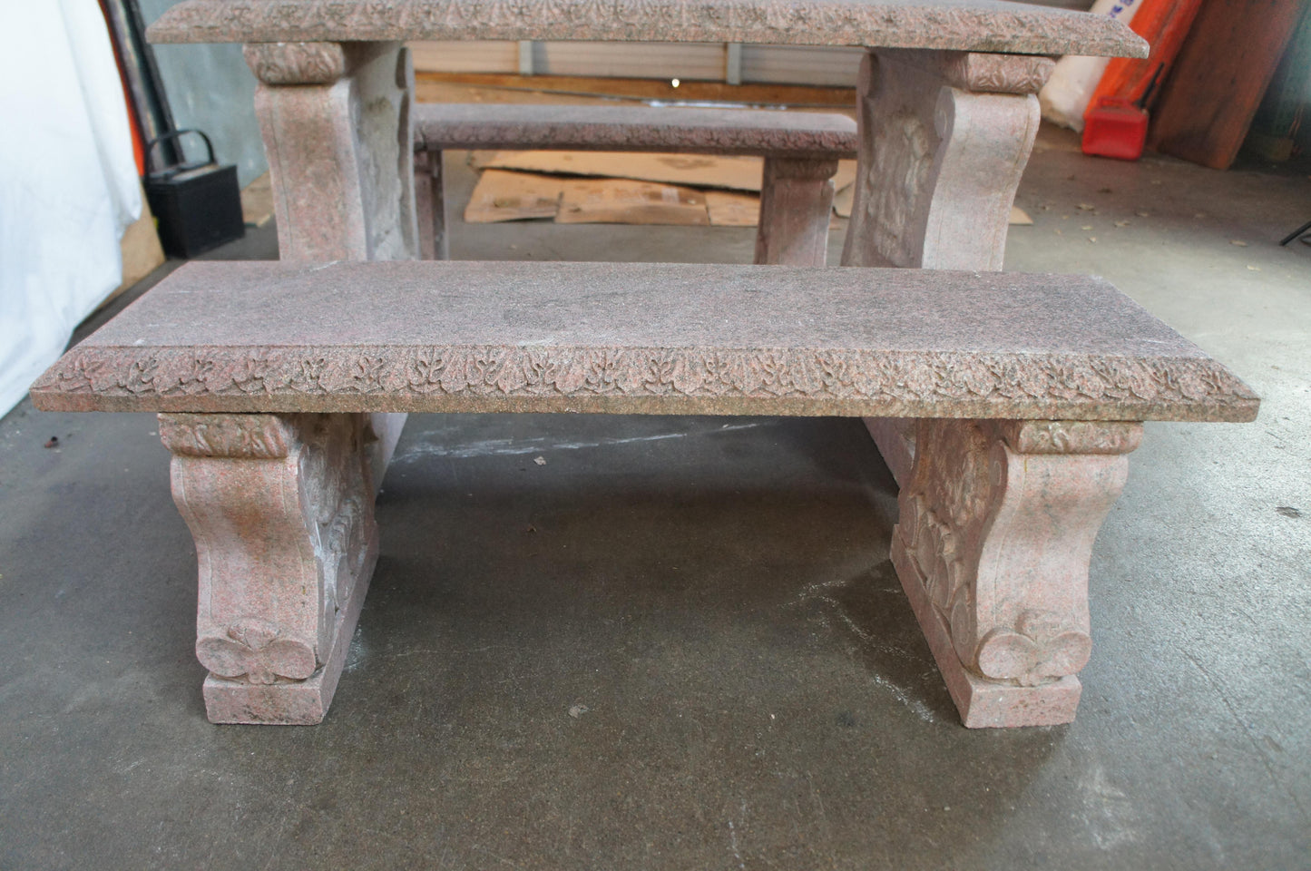 Heavy Italian Granite Carved Outdoor Picnic Dining Table & Benches – 50"