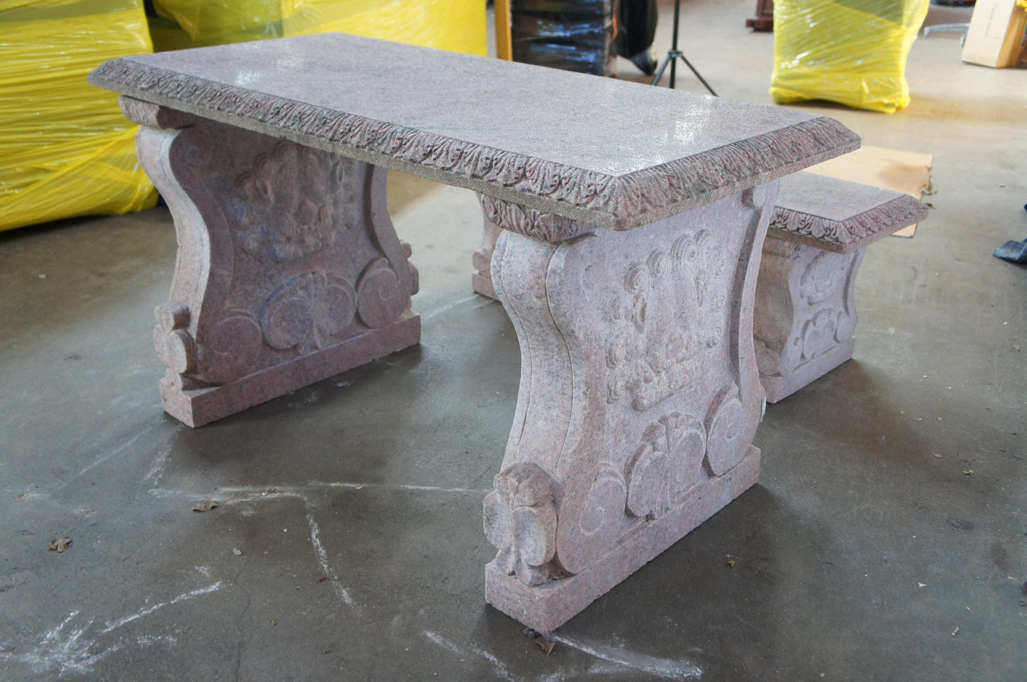Heavy Italian Granite Carved Outdoor Picnic Dining Table & Benches – 50"