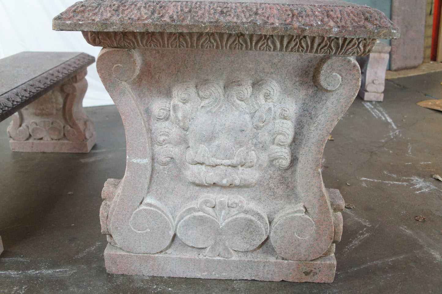 Heavy Italian Granite Carved Outdoor Picnic Dining Table & Benches – 50"