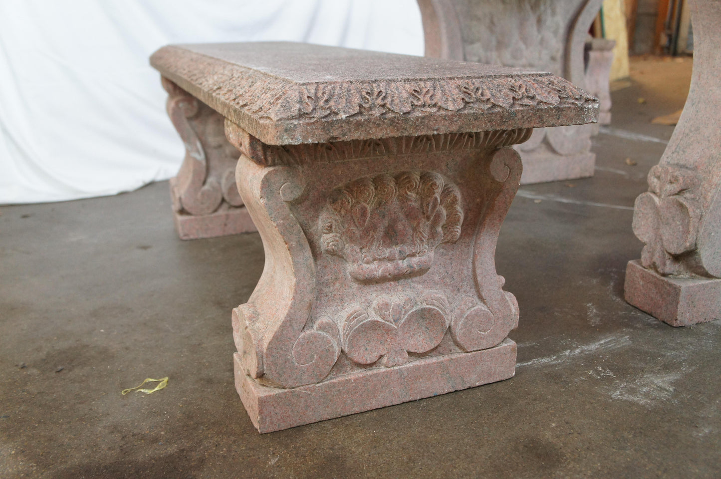 Heavy Italian Granite Carved Outdoor Picnic Dining Table & Benches – 50"