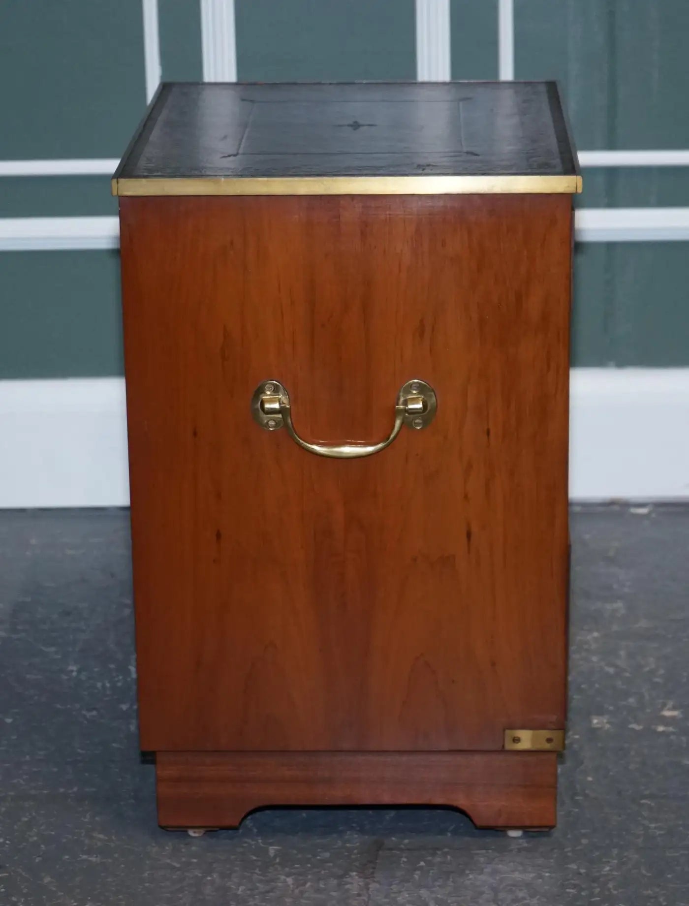 Military Campaign Wood Bedside Nightstand End Table Green Leather Top