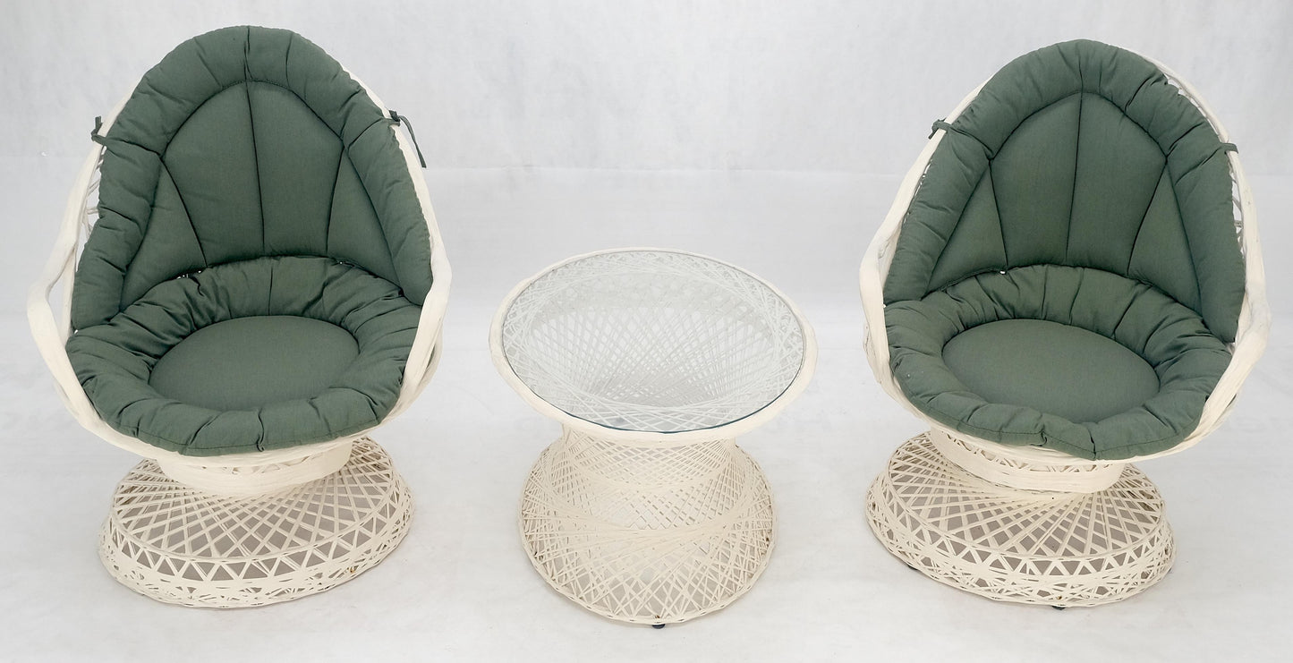 Set of 2 Egg Shape Fiberglass Spun Outdoor Lounge Chairs with Woodard Glass-Top Coffee Table