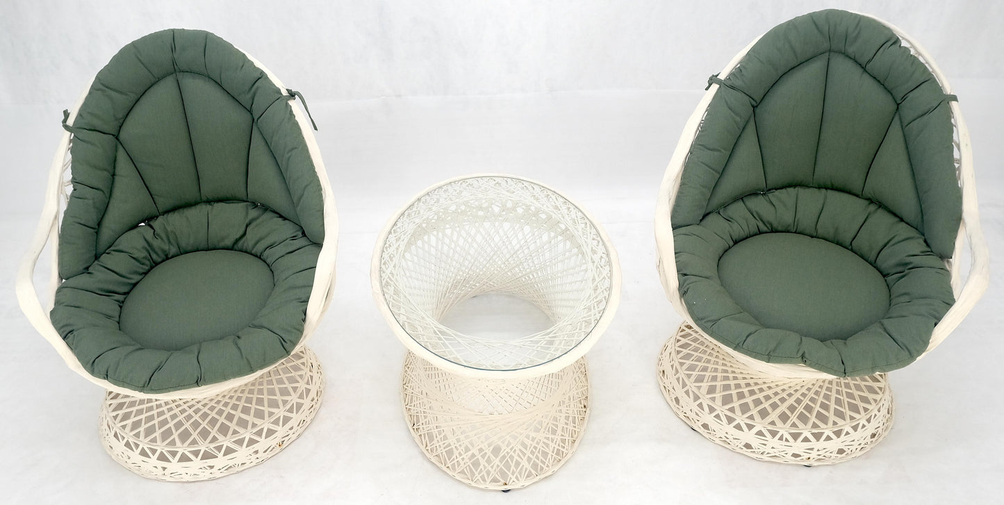 Set of 2 Egg Shape Fiberglass Spun Outdoor Lounge Chairs with Woodard Glass-Top Coffee Table