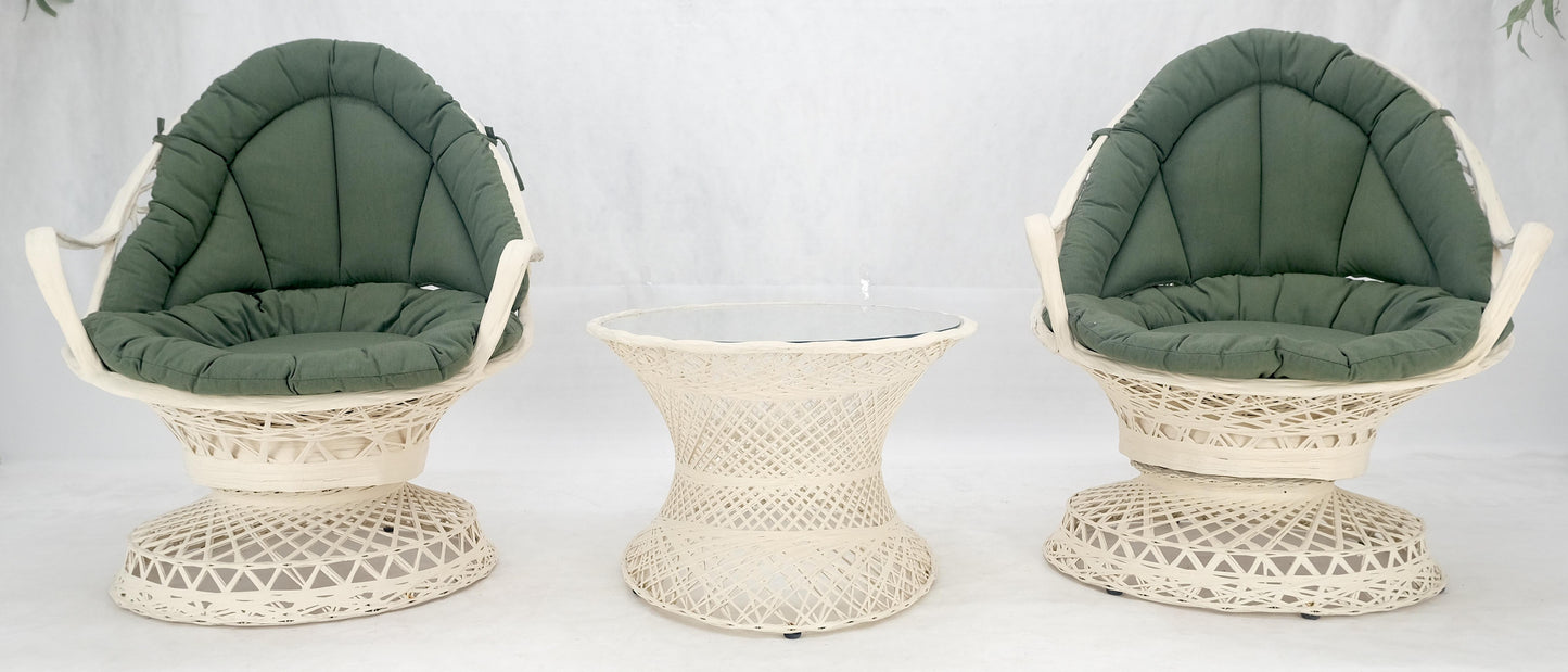 Set of 2 Egg Shape Fiberglass Spun Outdoor Lounge Chairs with Woodard Glass-Top Coffee Table