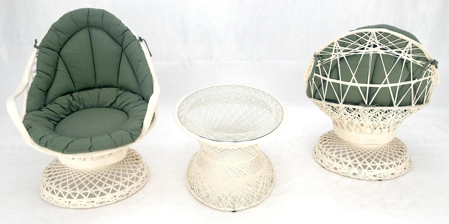 Set of 2 Egg Shape Fiberglass Spun Outdoor Lounge Chairs with Woodard Glass-Top Coffee Table