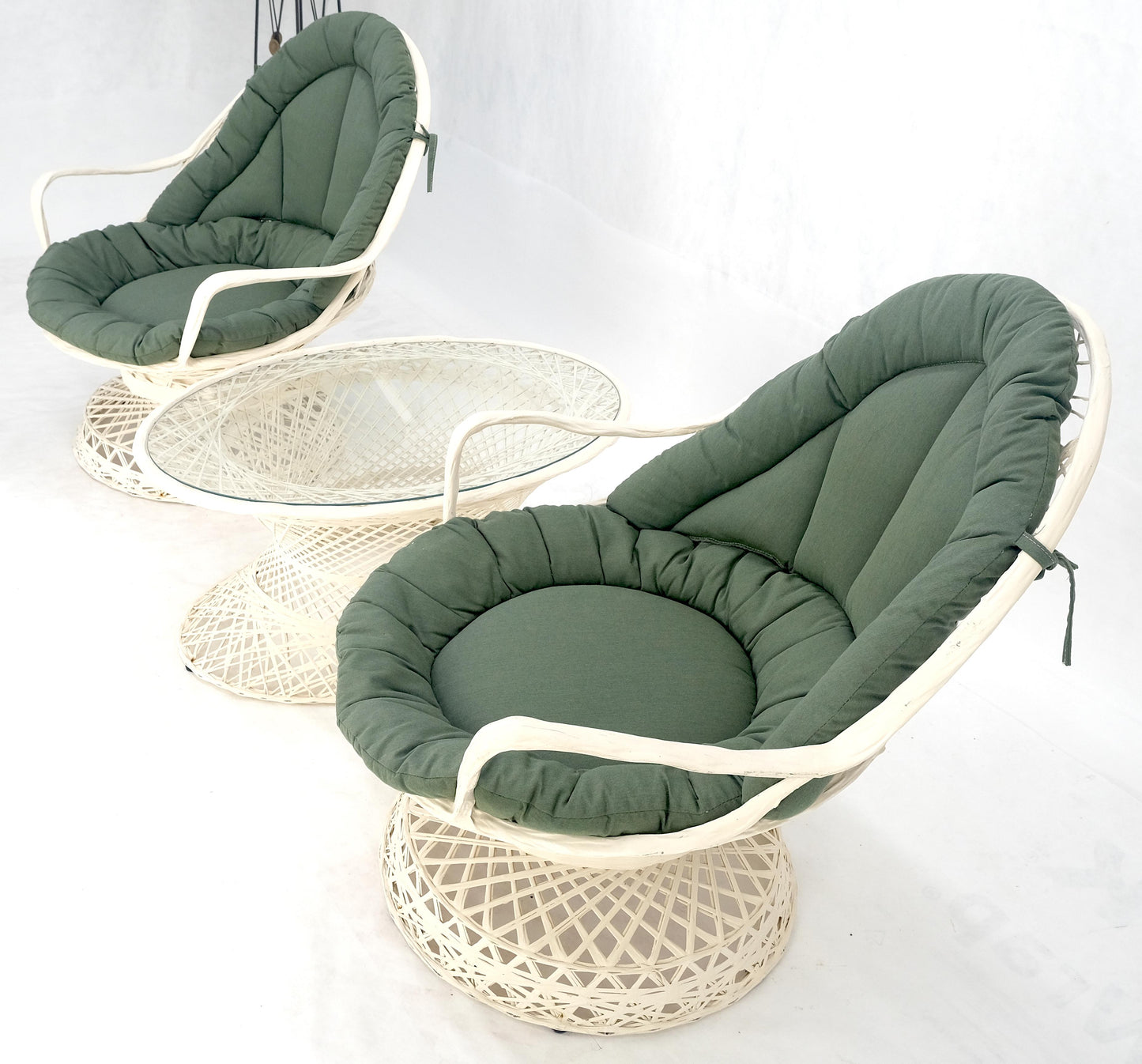 Set of 2 Egg Shape Fiberglass Spun Outdoor Lounge Chairs with Woodard Glass-Top Coffee Table