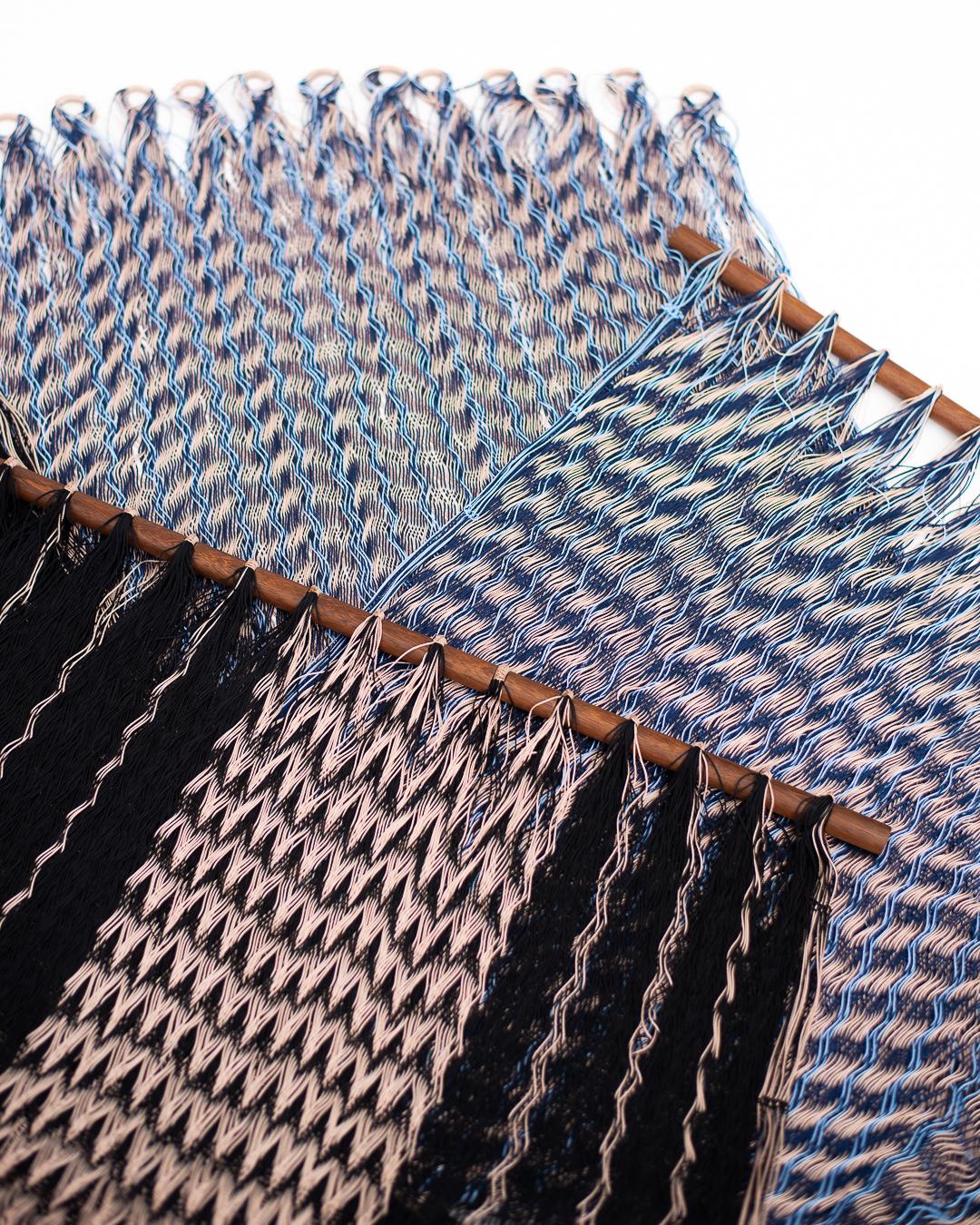 Handcrafted Solid Wood Hammock Chair with Blue & Pale Pink Woven Detailing