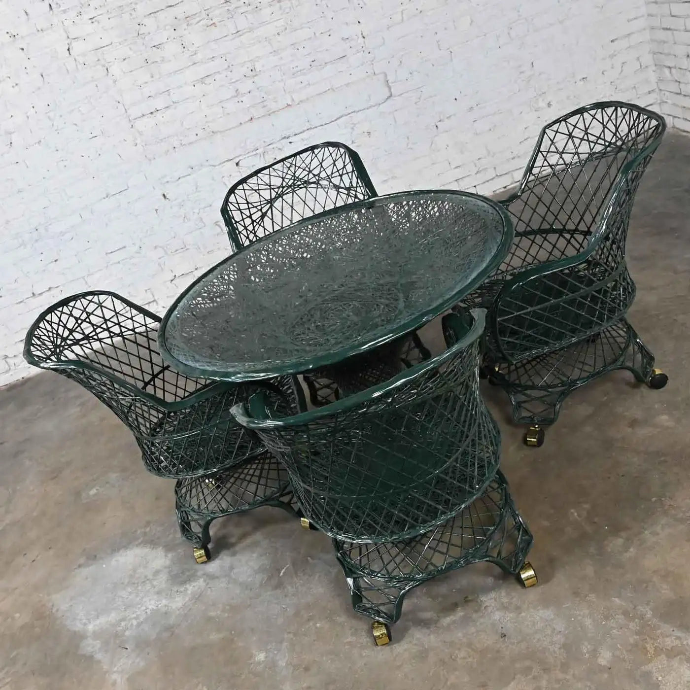 Fiberglass Forest Green Outdoor Dining Table & 4 Armchairs on Casters
