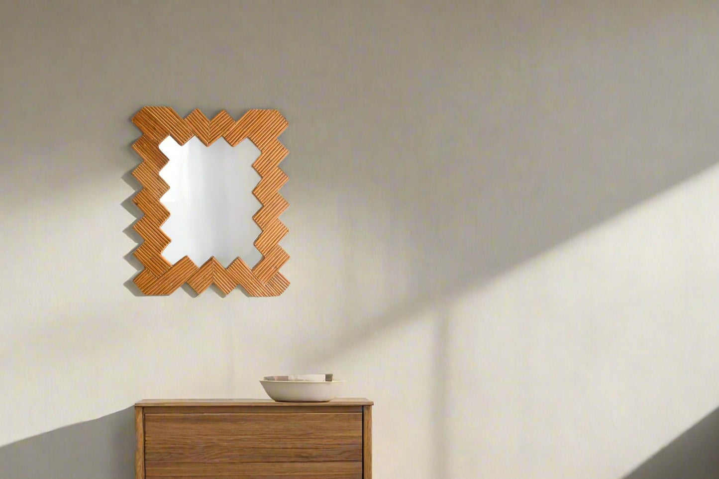 Herringbone Patterned Rattan Cane Wall Mirror – Vintage Style