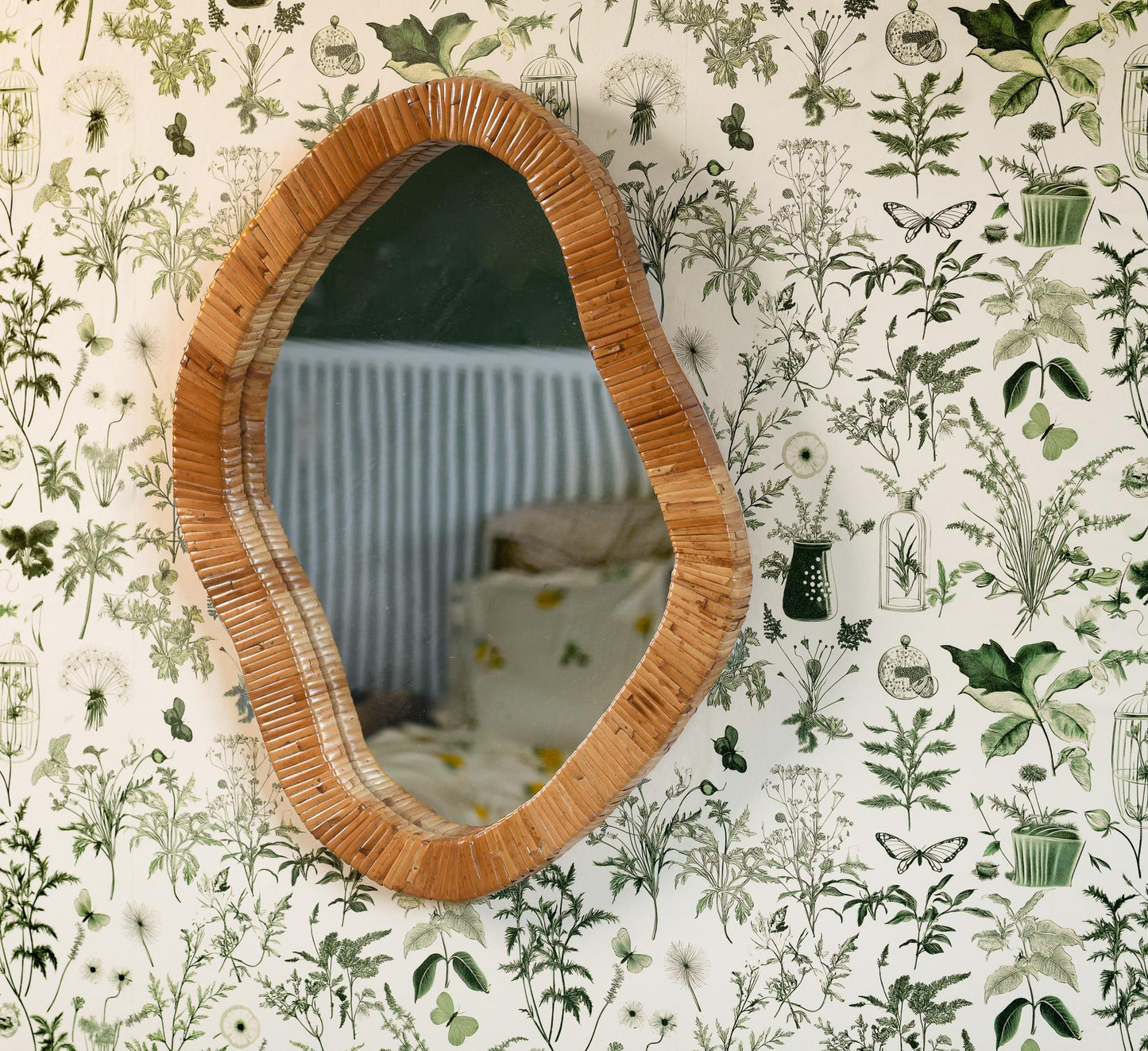 Asymmetrical Wall Mirror with Organic Rattan Cane Frame – Contemporary