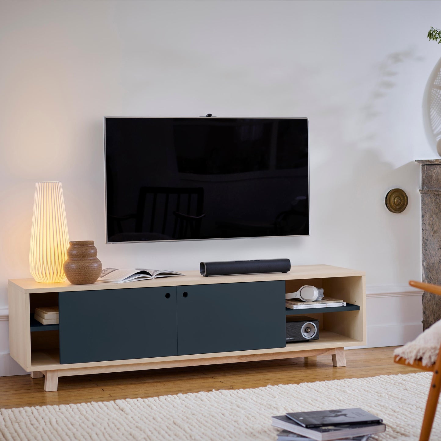 ÉGÉE 2-Door TV Cabinet – Solid Ash & Lacquered MDF, Designed by Éric Gizard