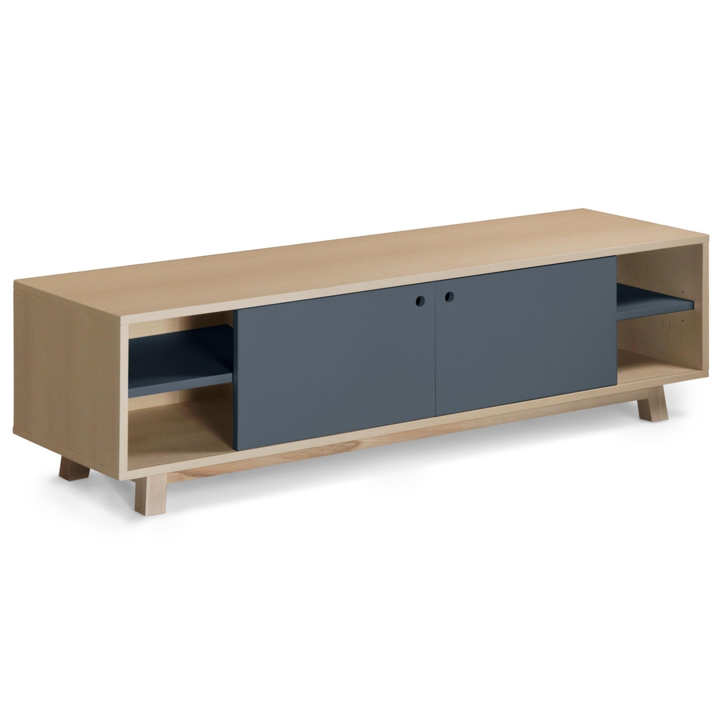Wooden TV stand with gray doors on a white background
