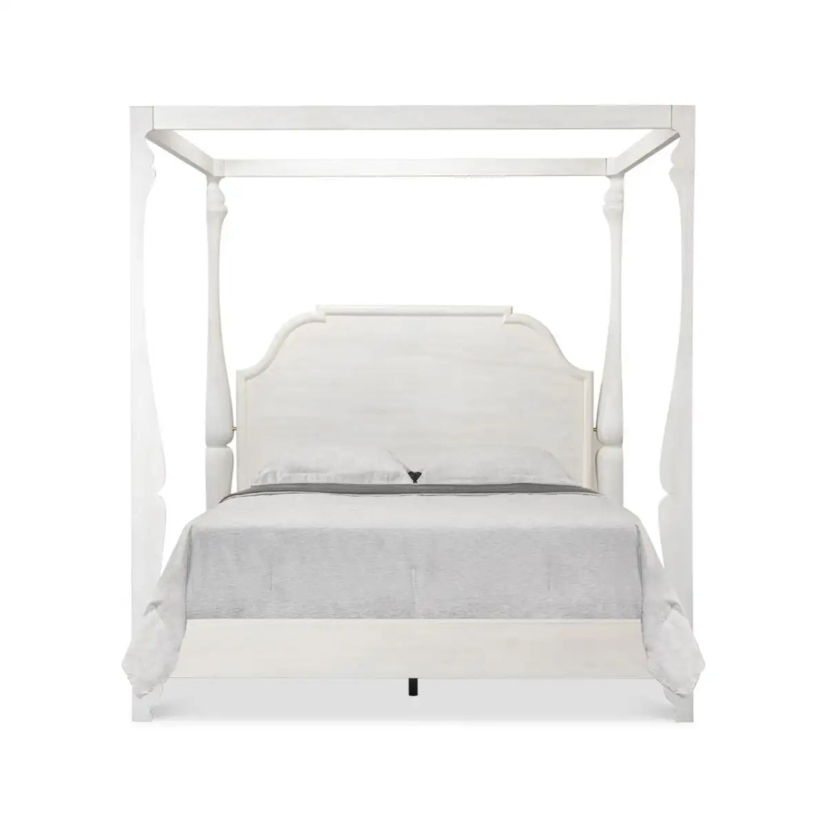 White four-poster bed with gray bedding on a white background