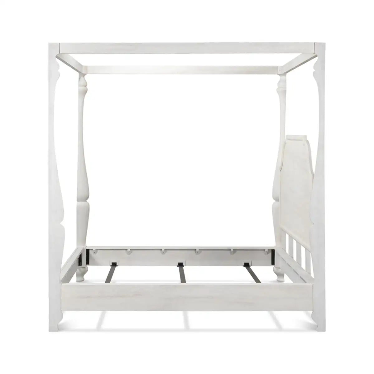 White canopy bed frame on a white background