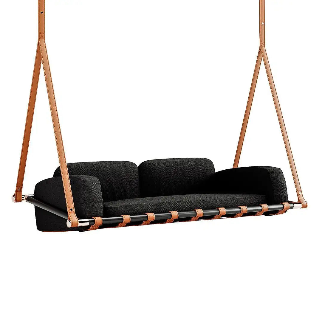 Modern Outdoor Swing Sofa with Black Leather Upholstery and Gold details