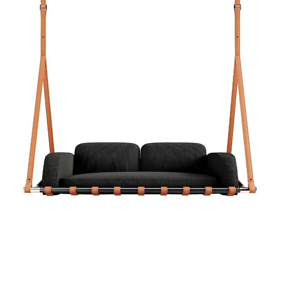 Modern Outdoor Swing Sofa with Black Leather Upholstery and Gold details