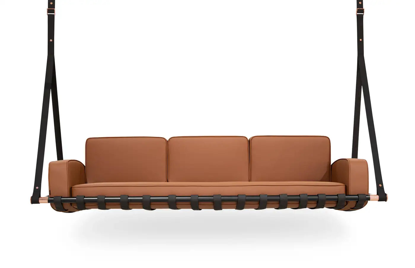 Outdoor Swing Sofa in Brown Waterproof Upholstery with Black Leather Straps