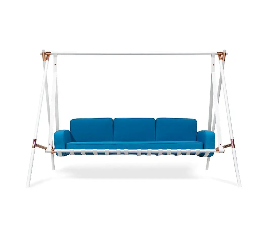 Stainless Steel Framed Outdoor Swing Sofa with Waterproof Blue Acrylic Seats