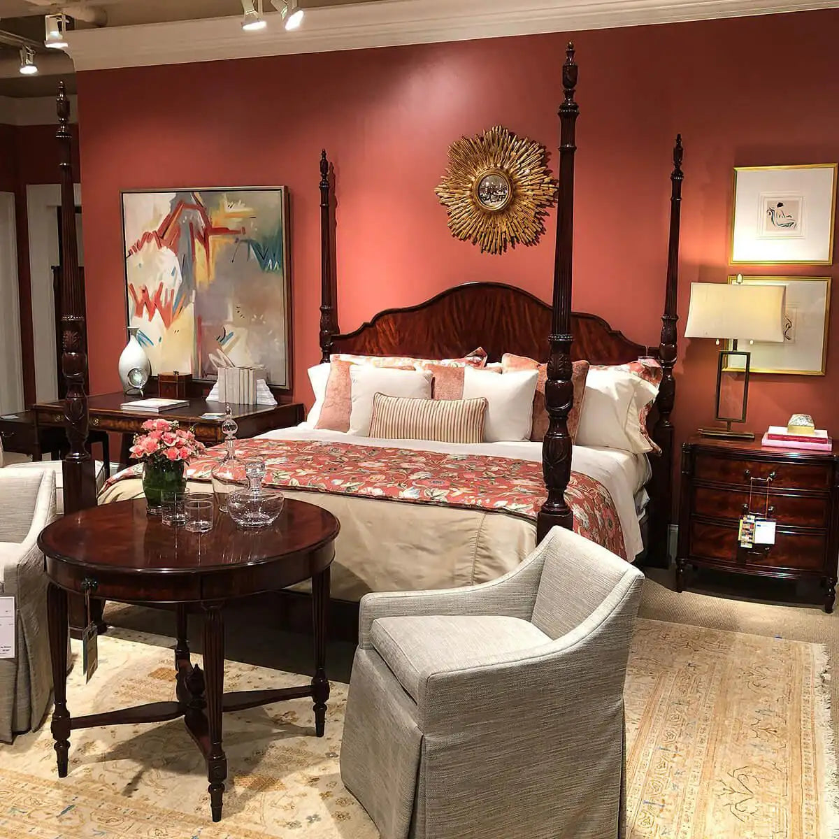 Carved Mahogany Four-Poster Queen Bed