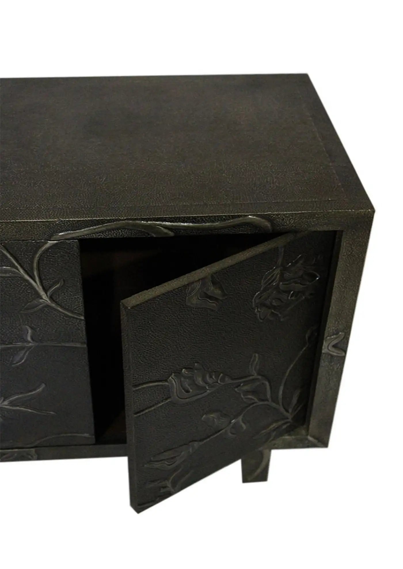 Black decorative box with embossed floral design on a white background