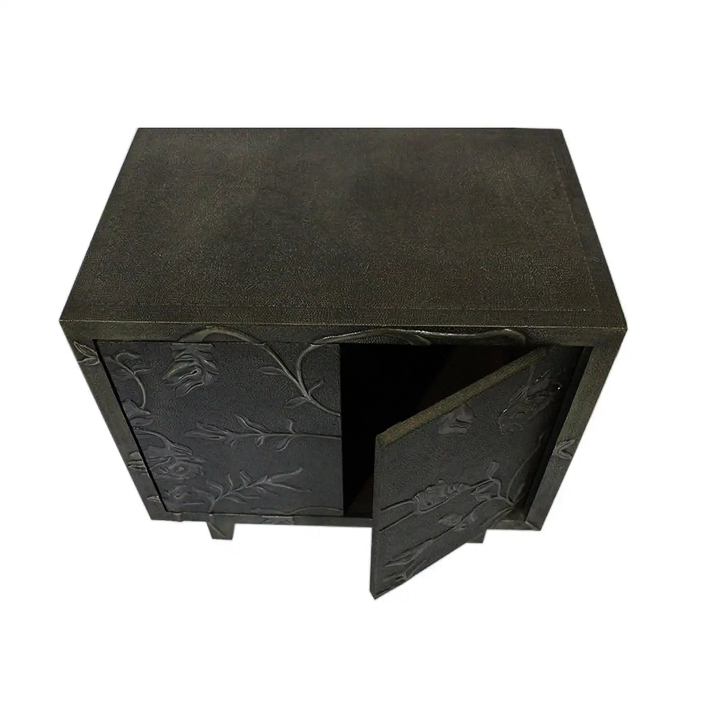 Black metal cabinet with floral patterns on a white background