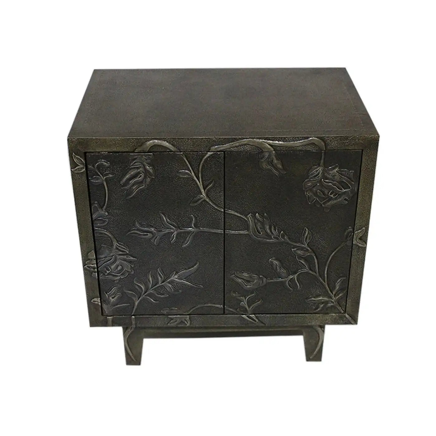 Dark gray cabinet with floral embossing on a white background