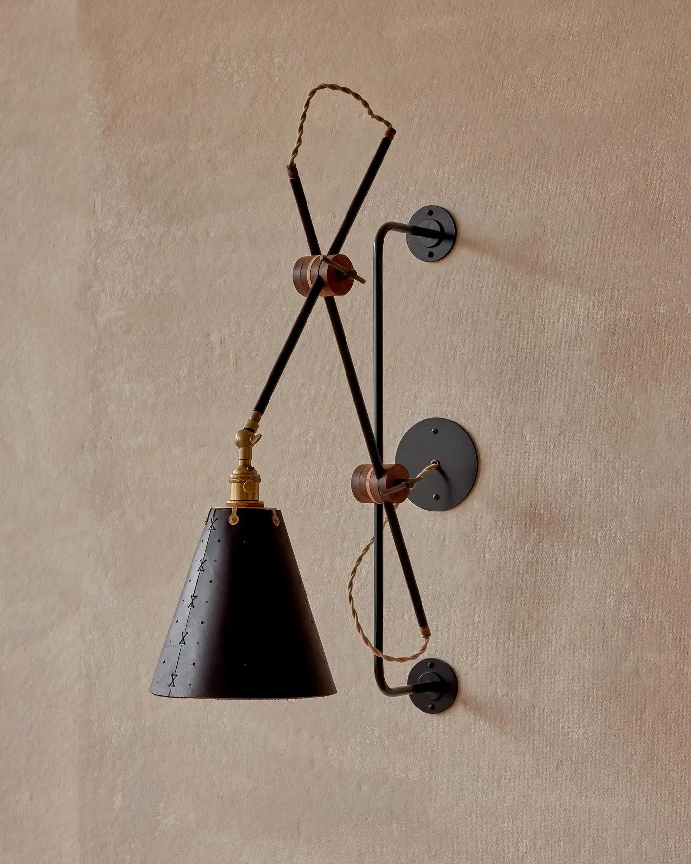 Modern Iron and Black Leather Grace Articulating Wall Sconce, Hardwired