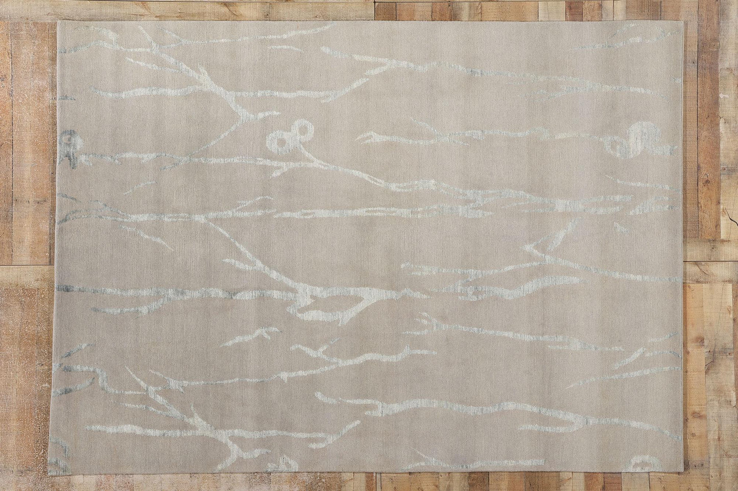 Silver Grey Biophilic Japandi Wool & Silk Rug – 211 x 290 cm