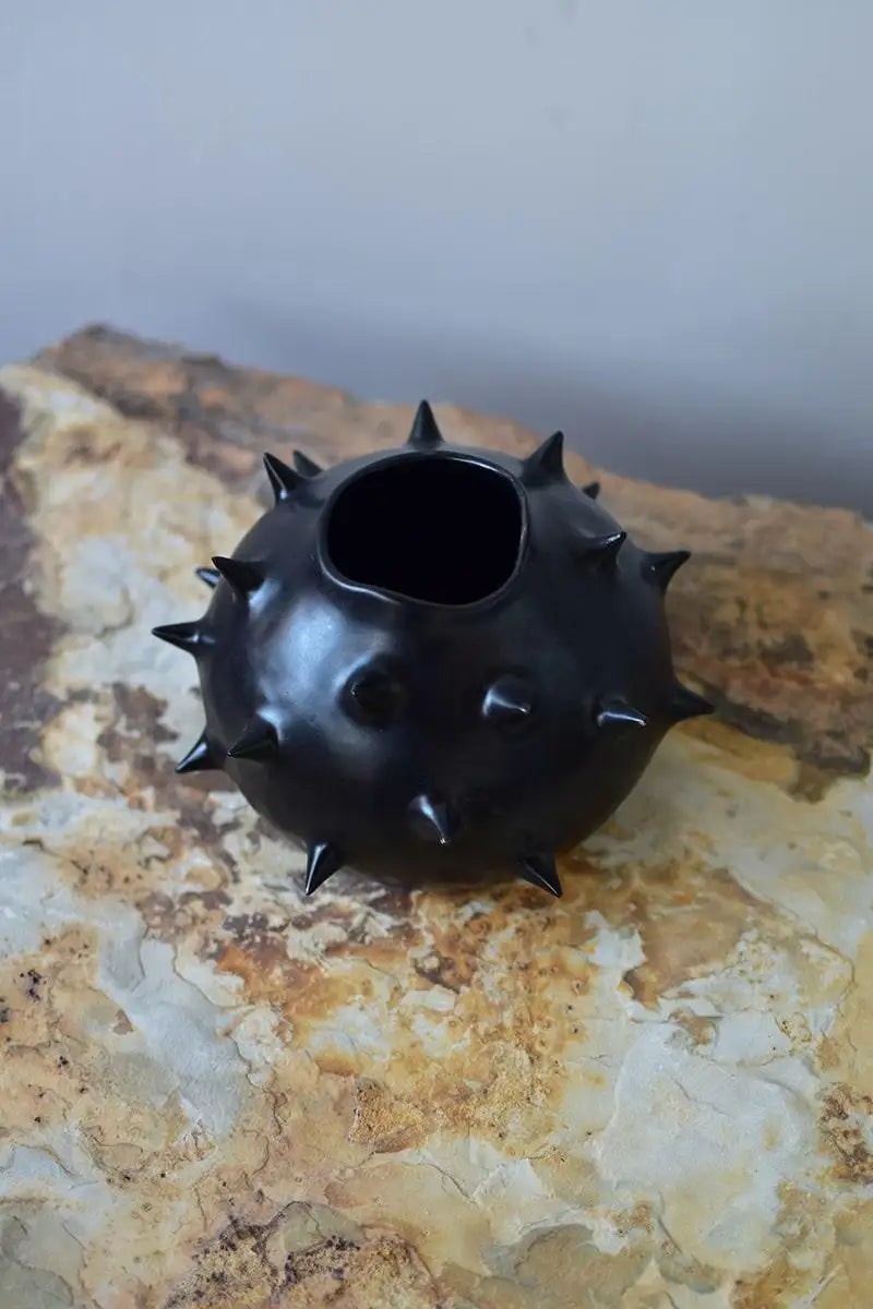 Handmade Ceramic Spikes Black Round Vase