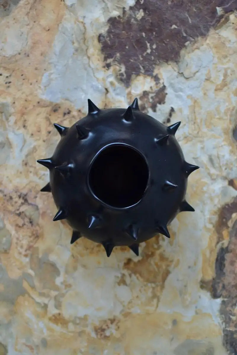 Handmade Ceramic Spikes Black Round Vase