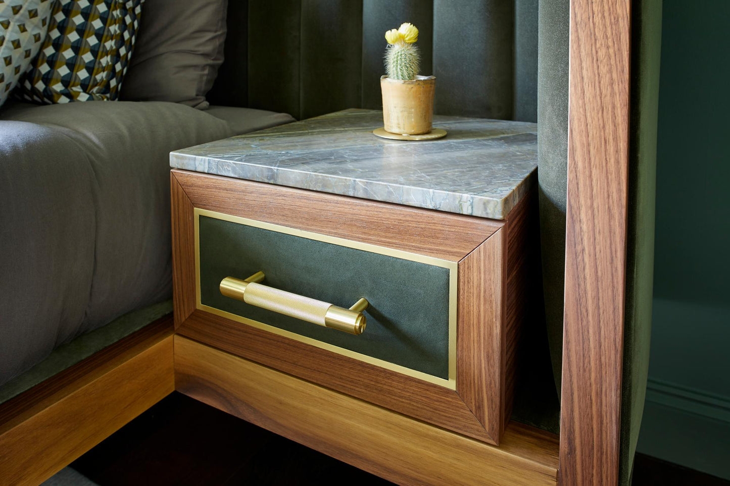 Cupid Bed in Black American Walnut & Velvet with Integrated Bedside Table