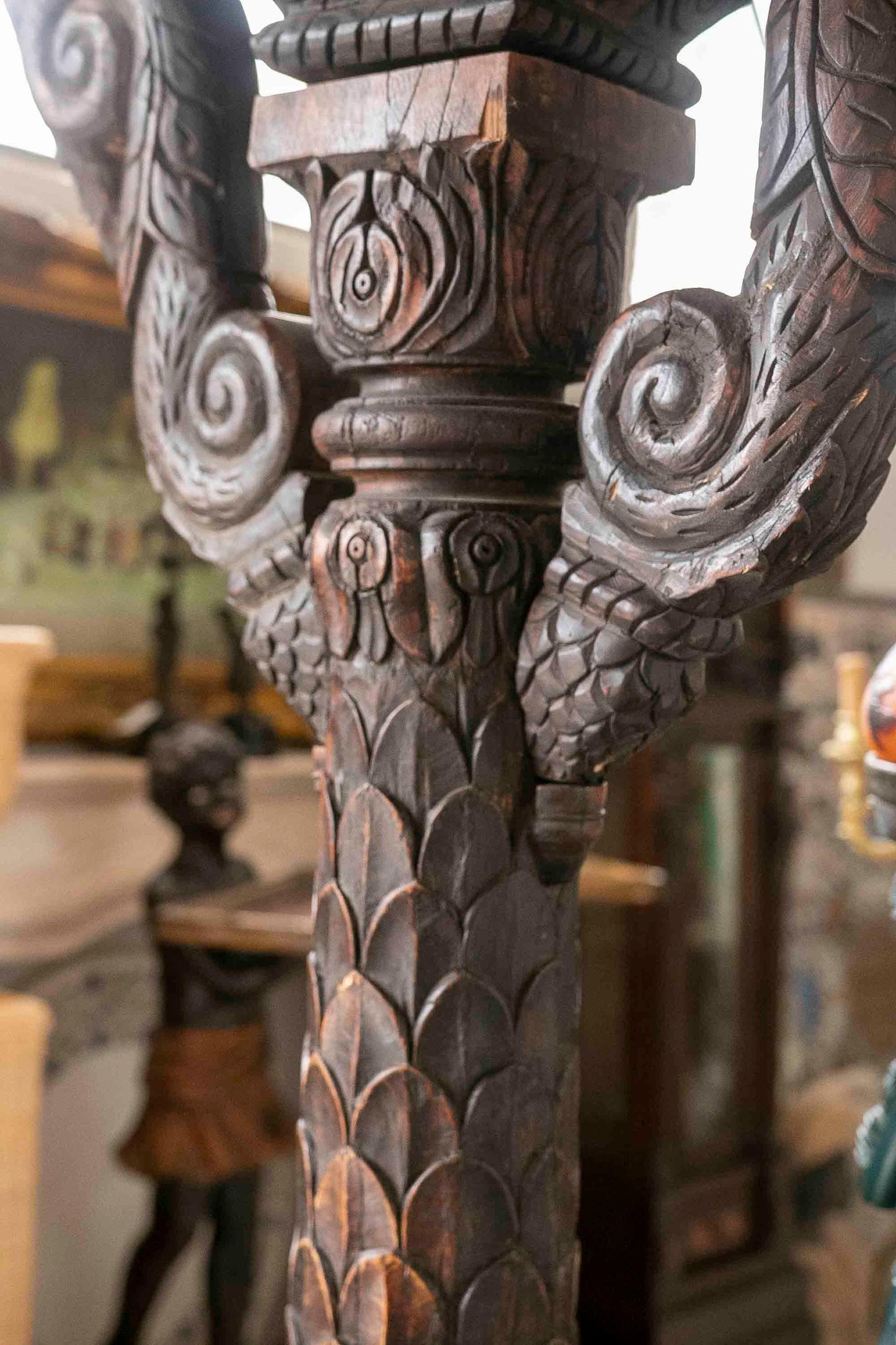 Hand-Carved Wooden Swing with Elephants and Columns