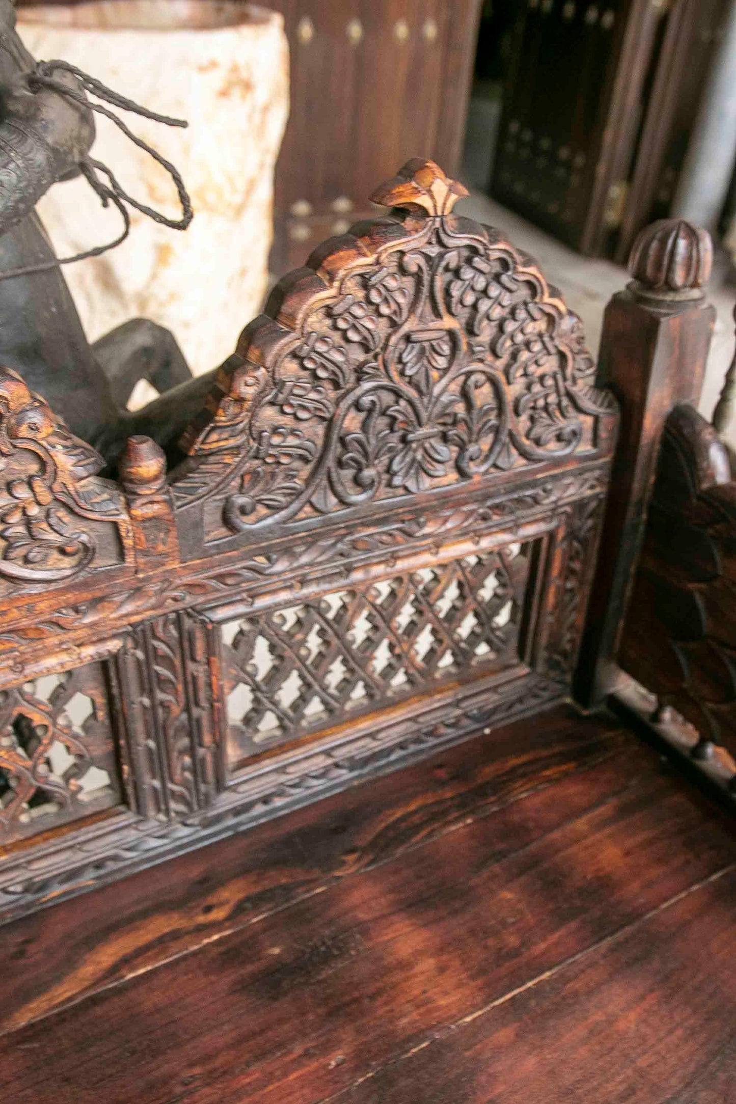 Hand-Carved Wooden Swing with Elephants and Columns