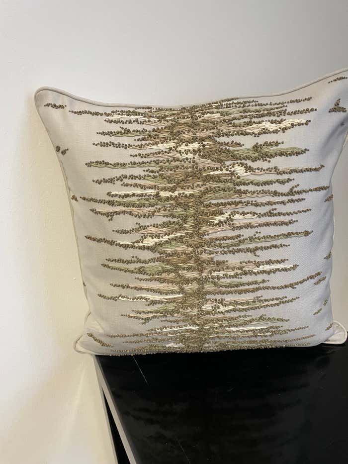 Organic Raffia Embroidered Cushion with Wooden Beads