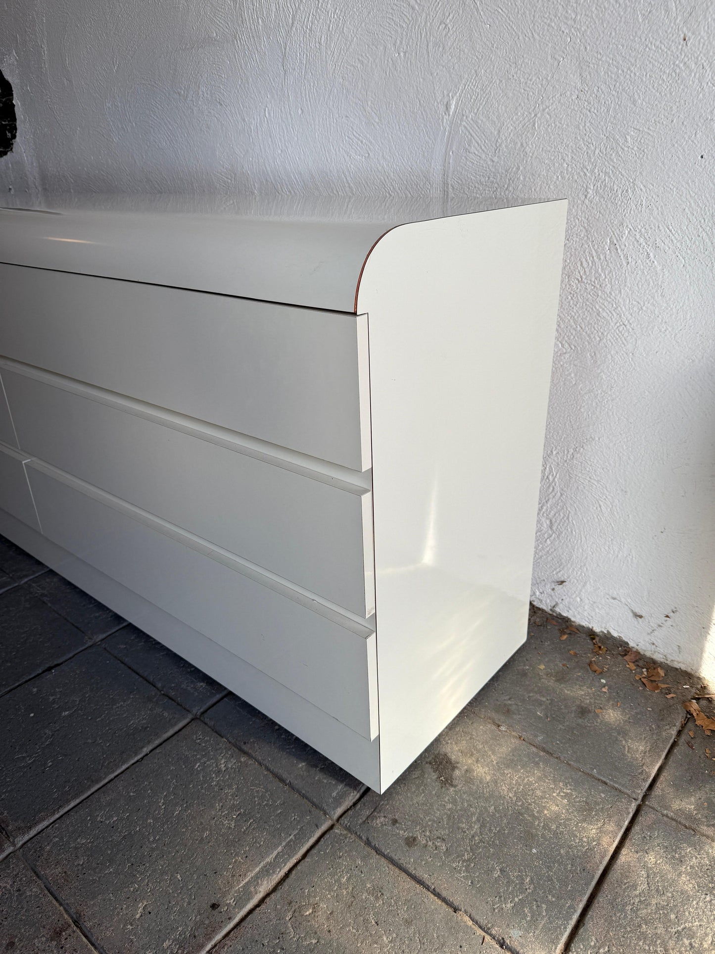 Postmodern Off-White Gloss Laminate Waterfall 6-Drawer Dresser with Chrome Trim