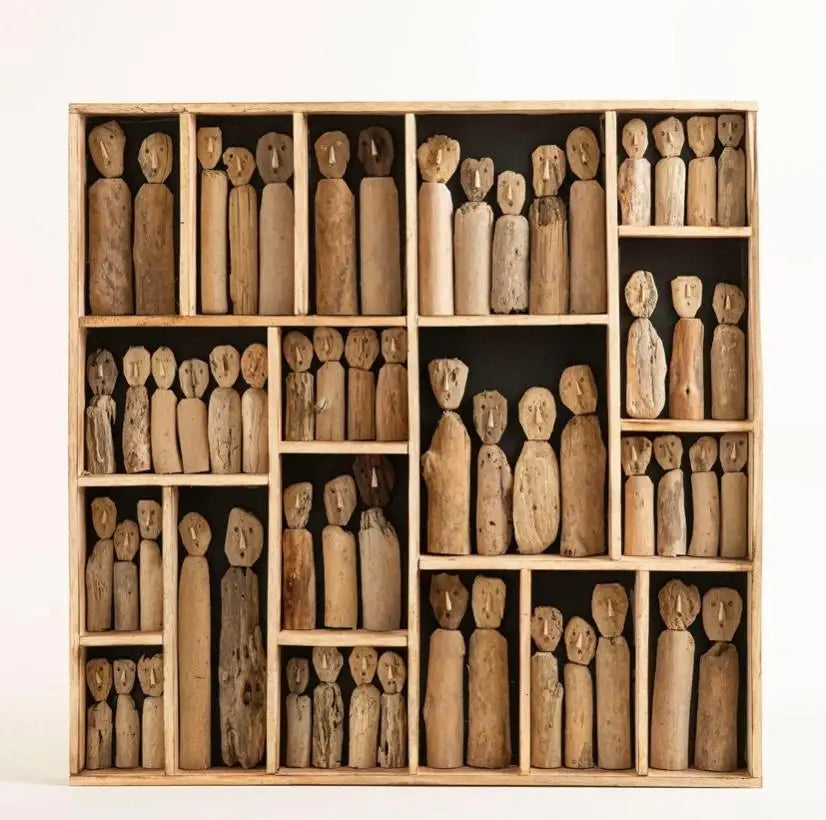 PEOPLE Wall Art Sculpture - 40 inc - Wooden, Square, Bomeian Organic Look Art
