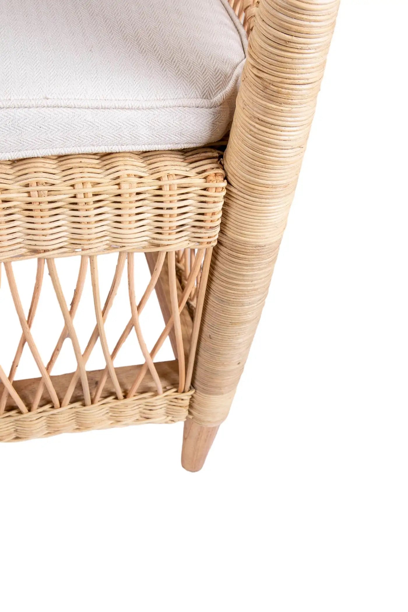 Set of Six Rattan and Wooden Armchairs with Beige Cushions