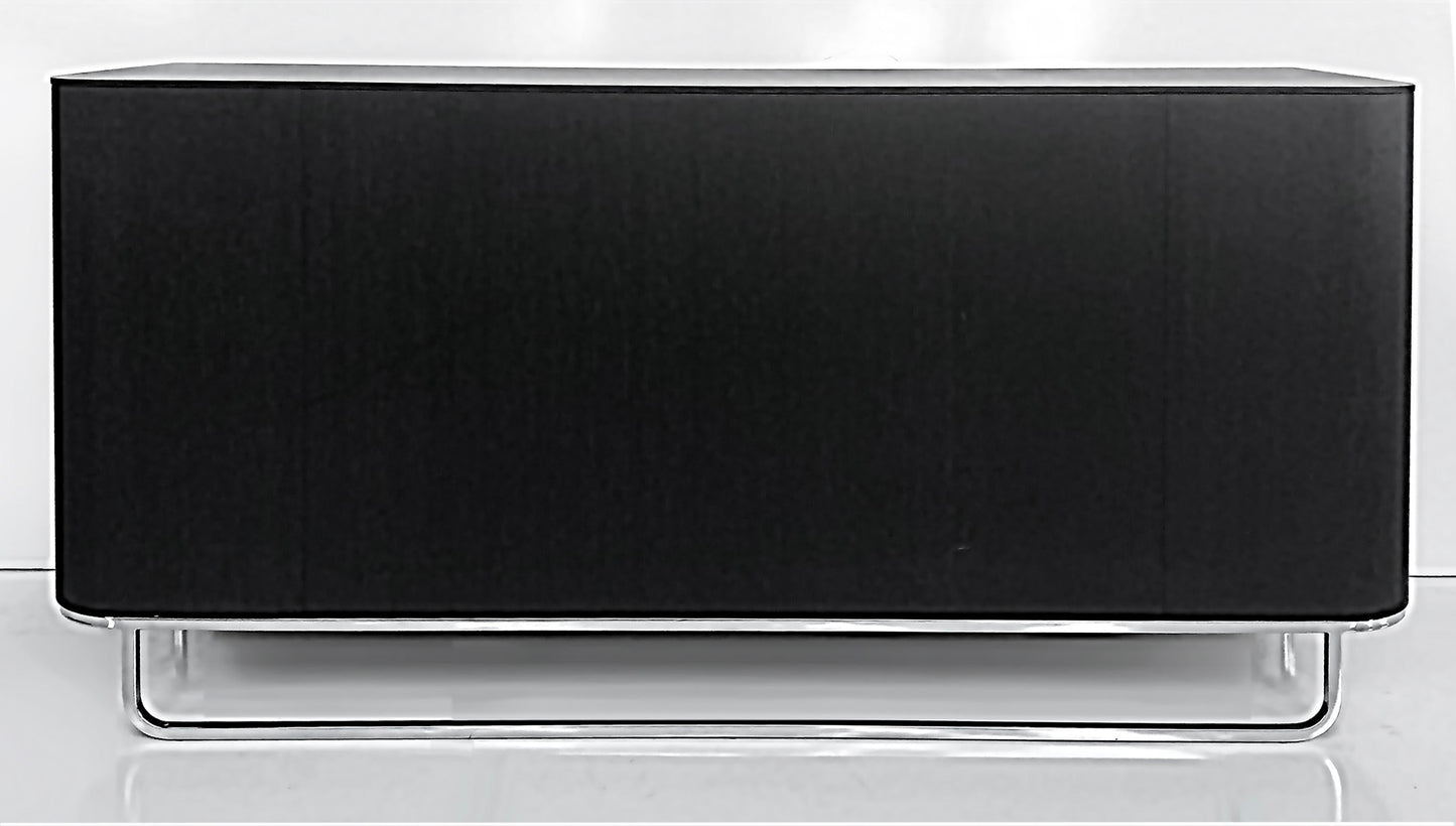 Black rectangular object with clear base on a white background