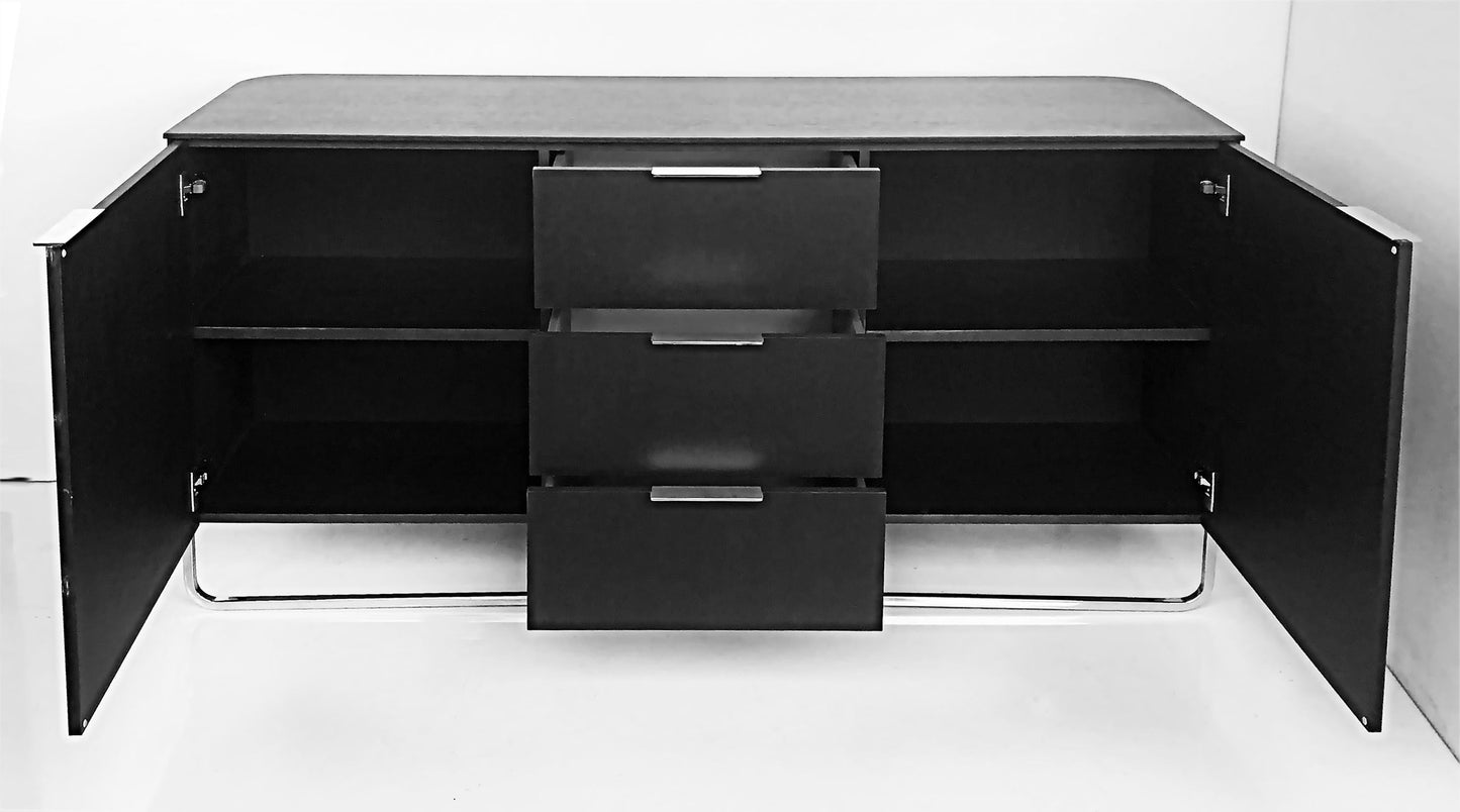 Black cabinet with open doors on a white background