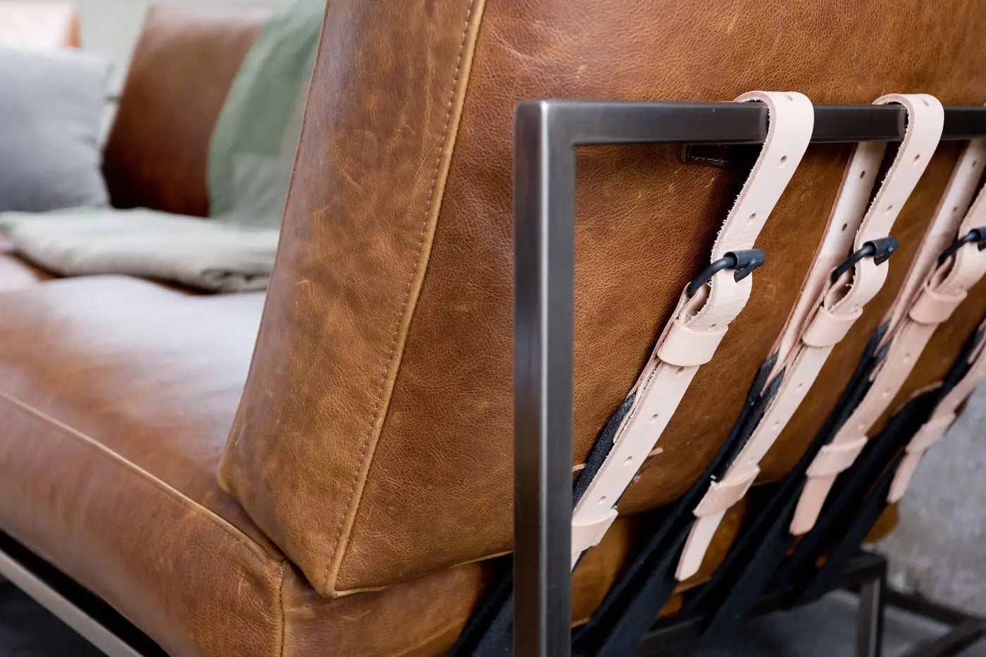 Potomac Tan Leather and Antique Nickel Two Seat Sofa with Charcoal Belting